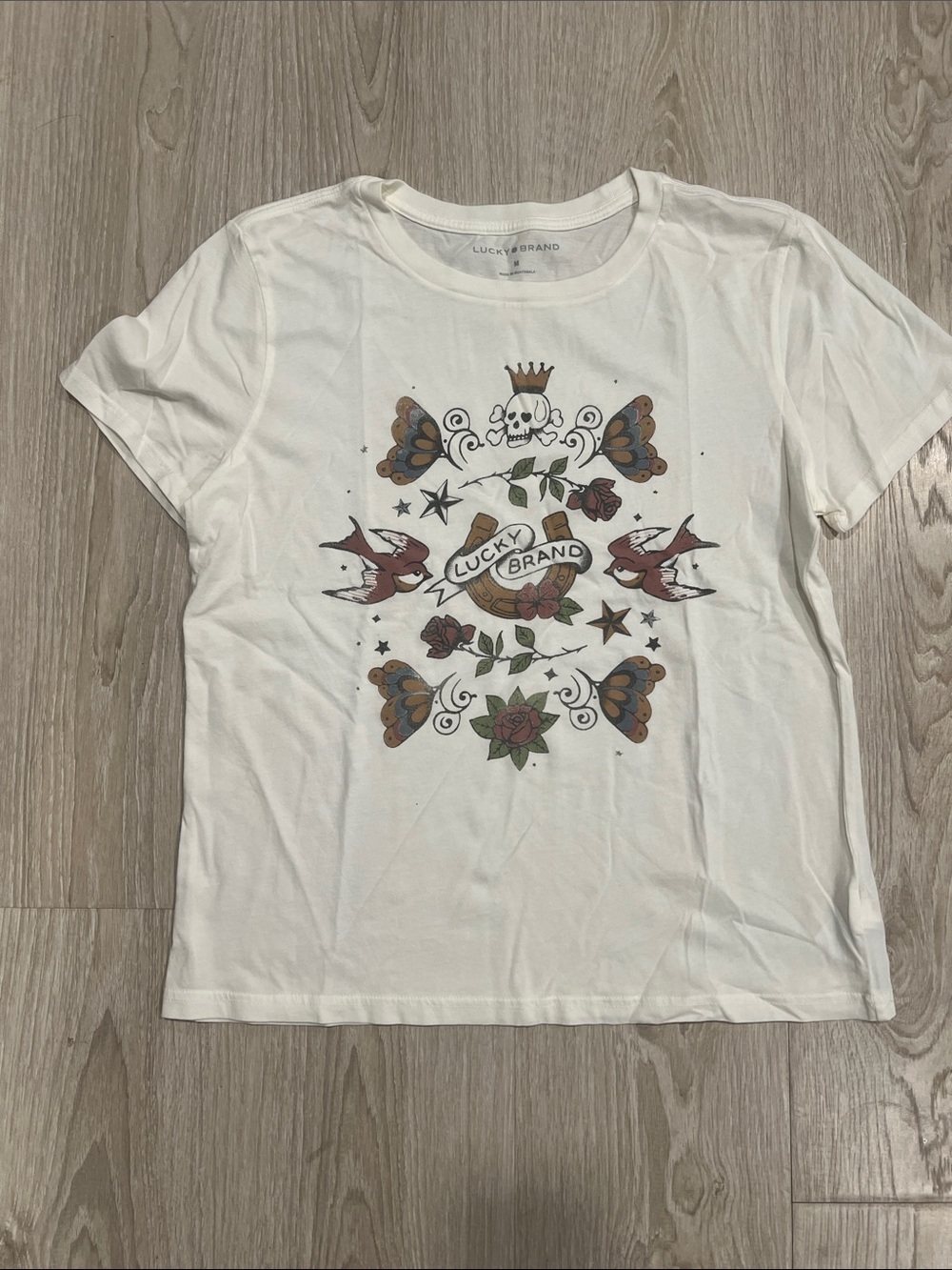 Lucky Brand White Tee with Vintage Tattoo Motif